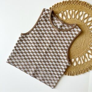 Aura Tan & White Checkered Crop Tank Top